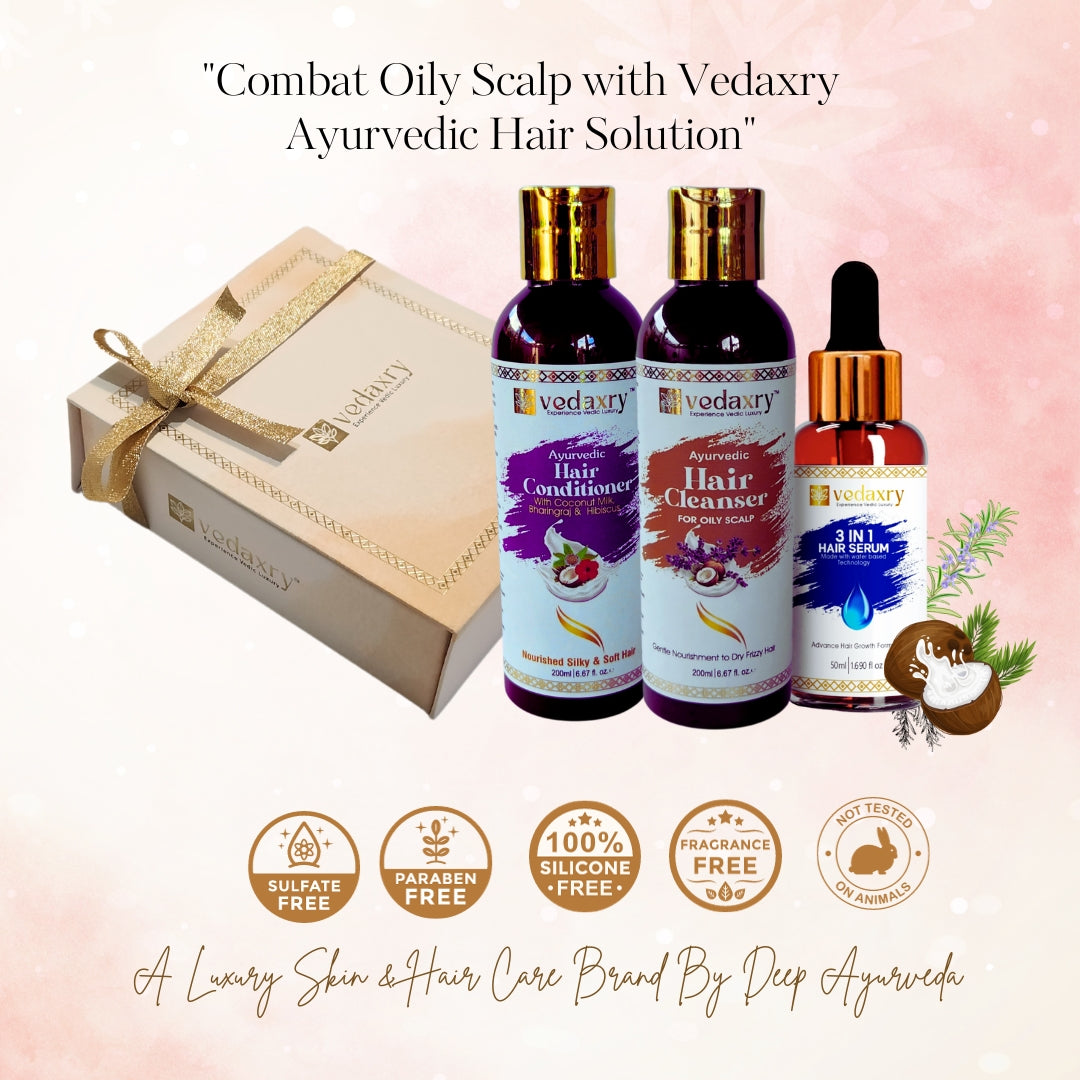 Vedaxry Ayurvedic Hair Care Combo Pack for Oily Scalp (Cleanser 300ml + Conditioner 300ml + Serum 50ml) - Balances Oil & Strengthens Hair - Deep Ayurveda India