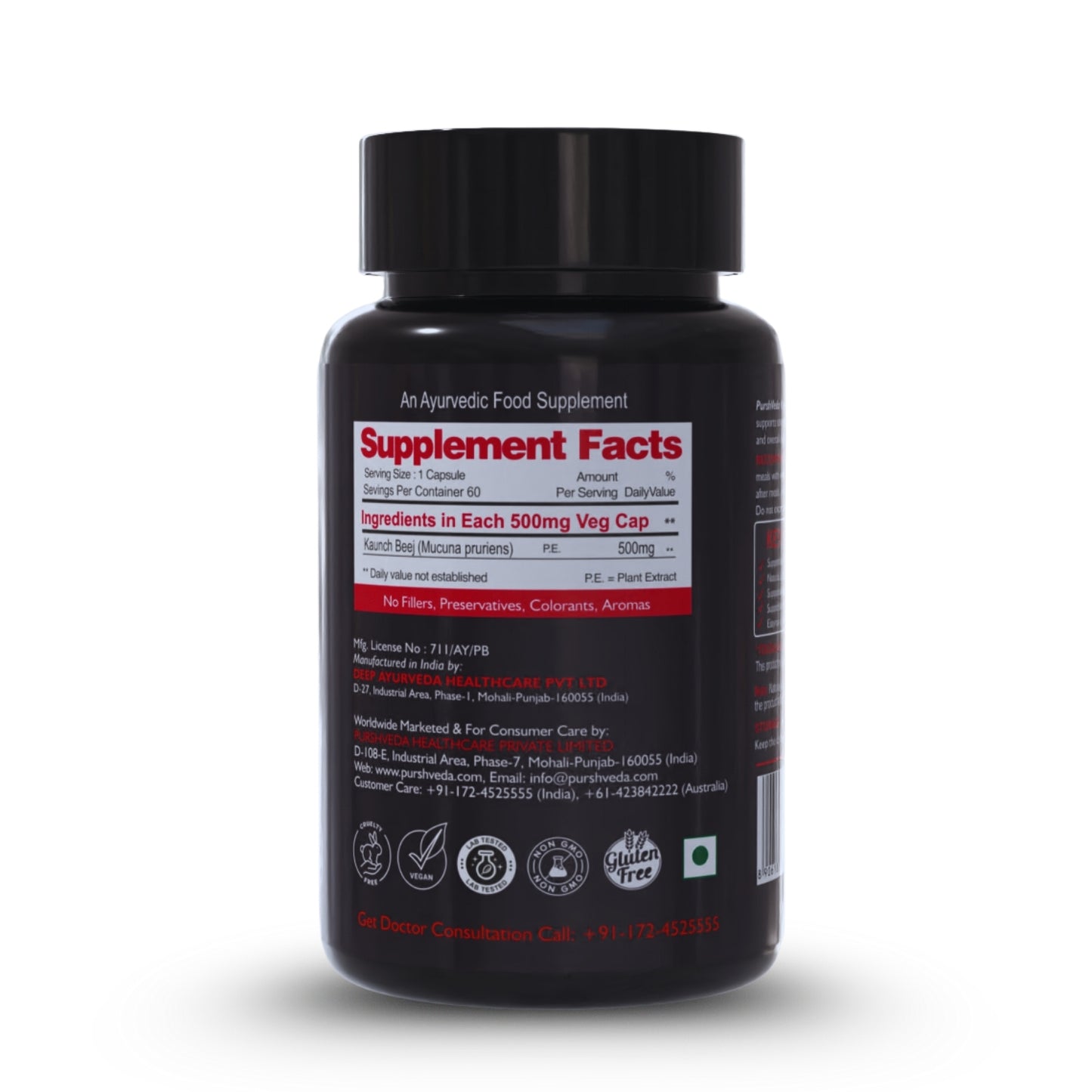 Black supplement bottle with 'Supplement Facts' label on a white background