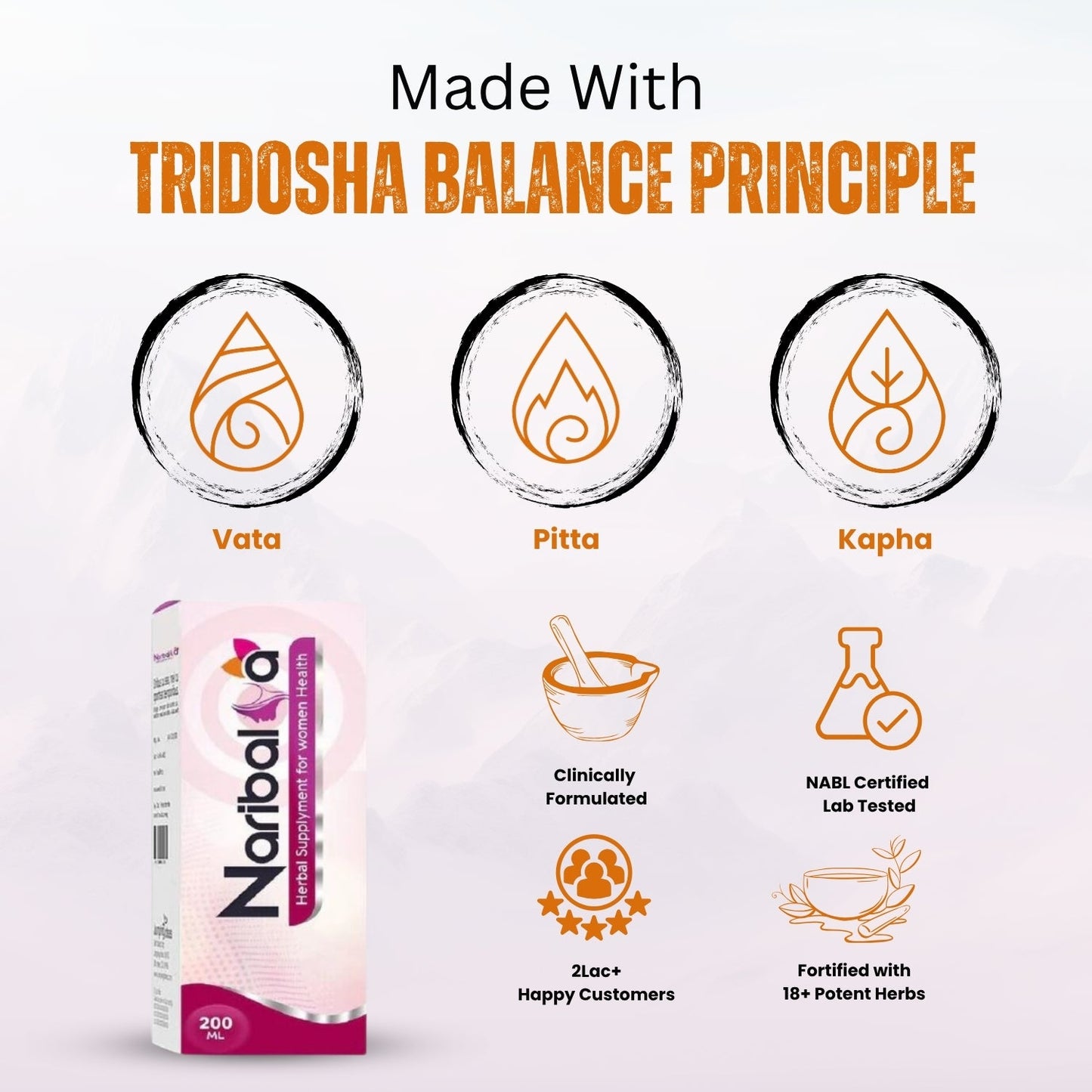 Naribal product with Tridosha balance principle icons and certification details on a white background