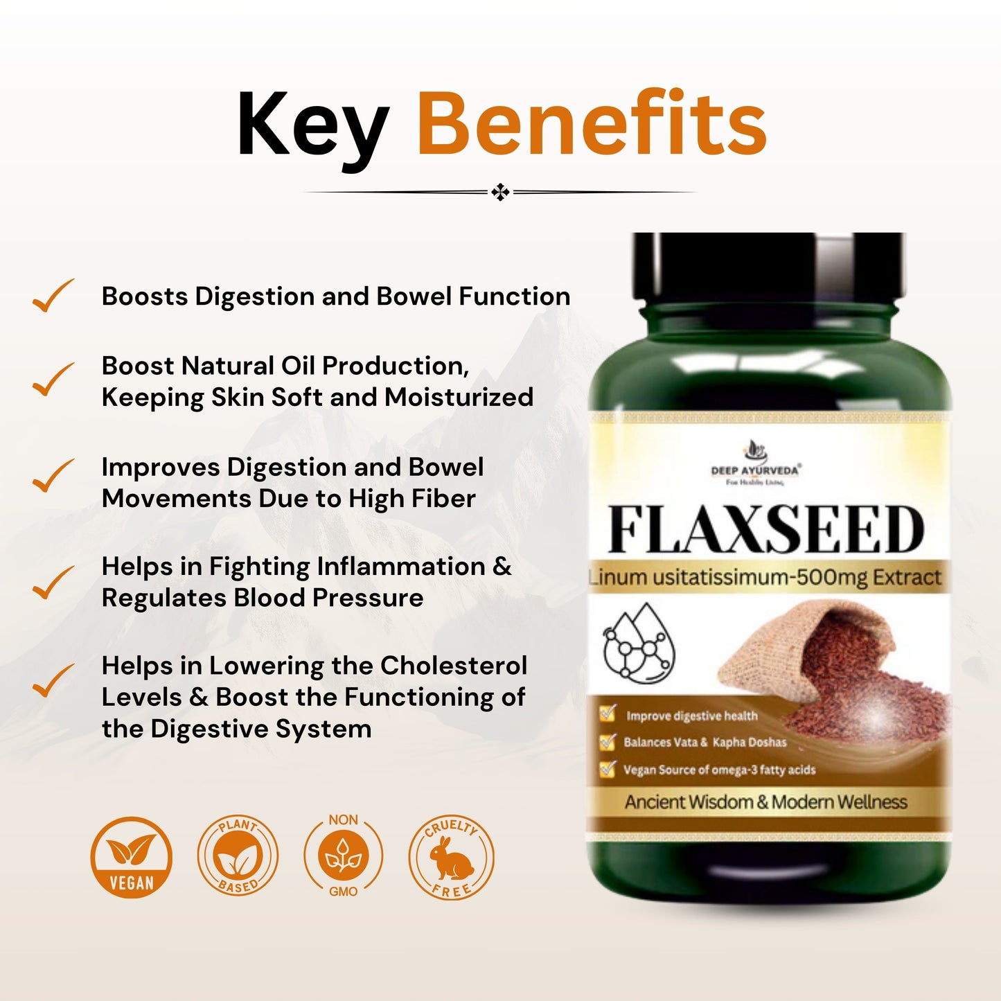Flaxseed Vegan Capsules - Supports Heart Health, Digestion & Skin Wellness - Deep Ayurveda India
