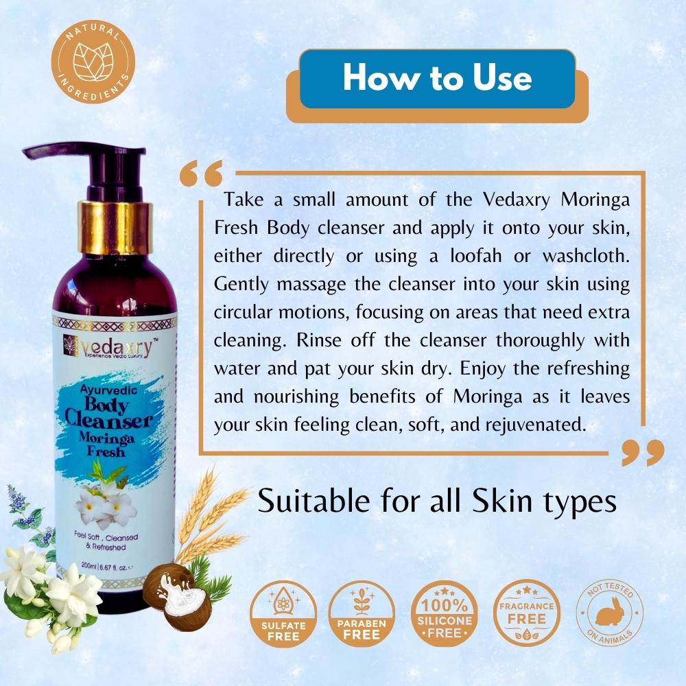 Vedaxry Moringa Fresh Body Cleanser (200ml) - Cleanses, Hydrates & Revitalizes Skin - Deep Ayurveda India