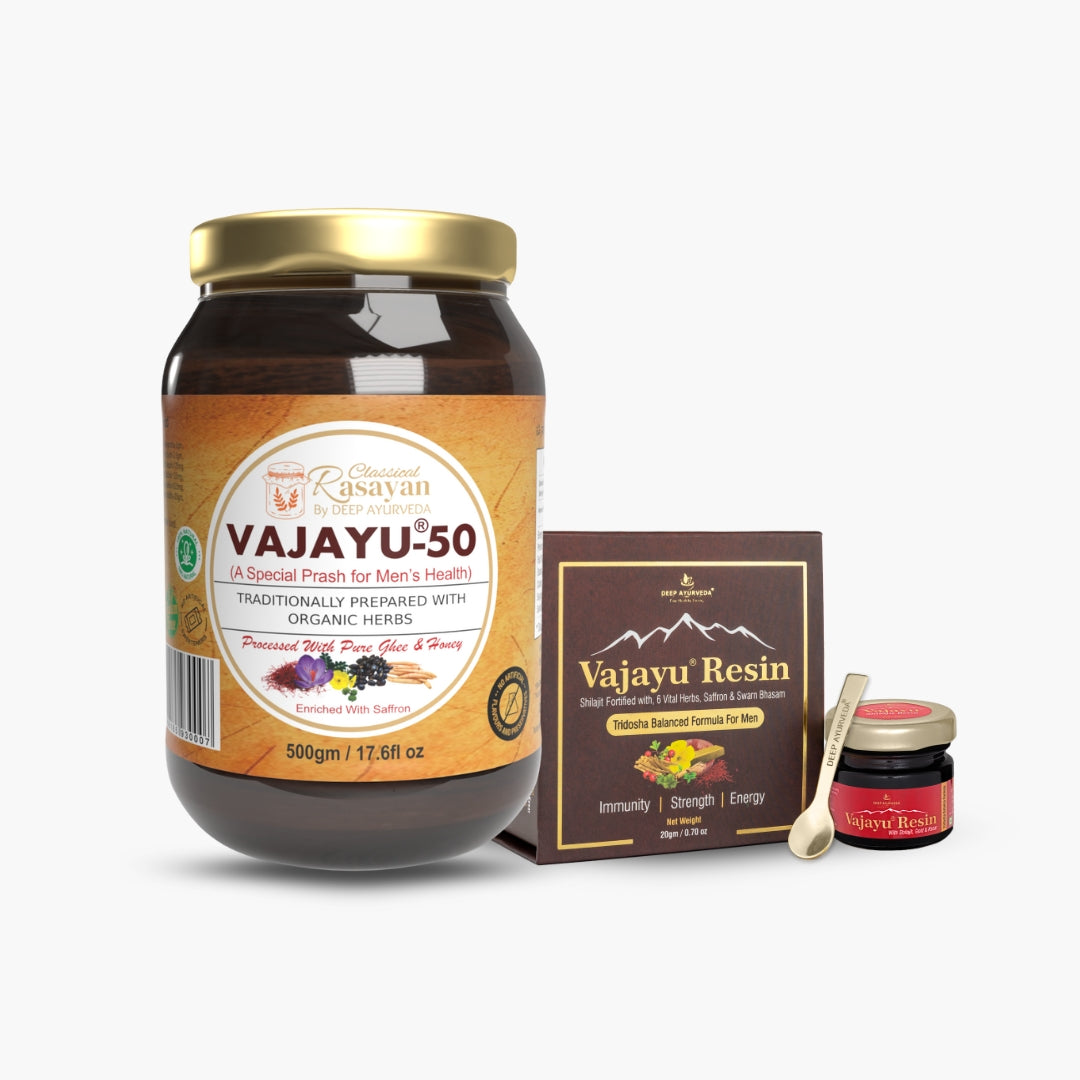 Vajayu 50 Prash + Pure Shilajit Gold Resin Combo - Deep Ayurveda India