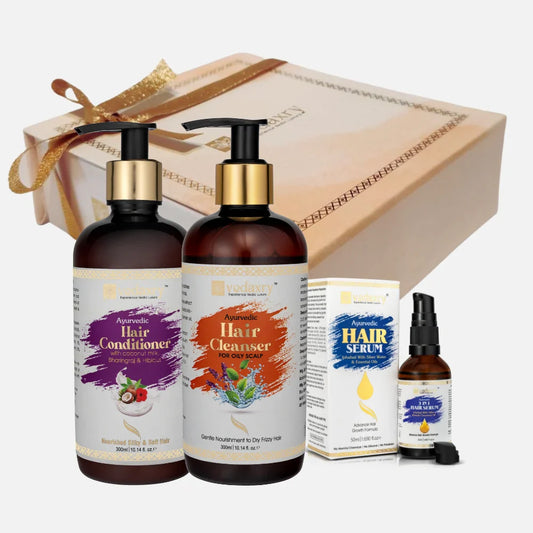 Vedaxry Ayurvedic Hair Care Combo Pack for Oily Scalp (Cleanser 300ml + Conditioner 300ml + Serum 50ml) - Balances Oil & Strengthens Hair - Deep Ayurveda India