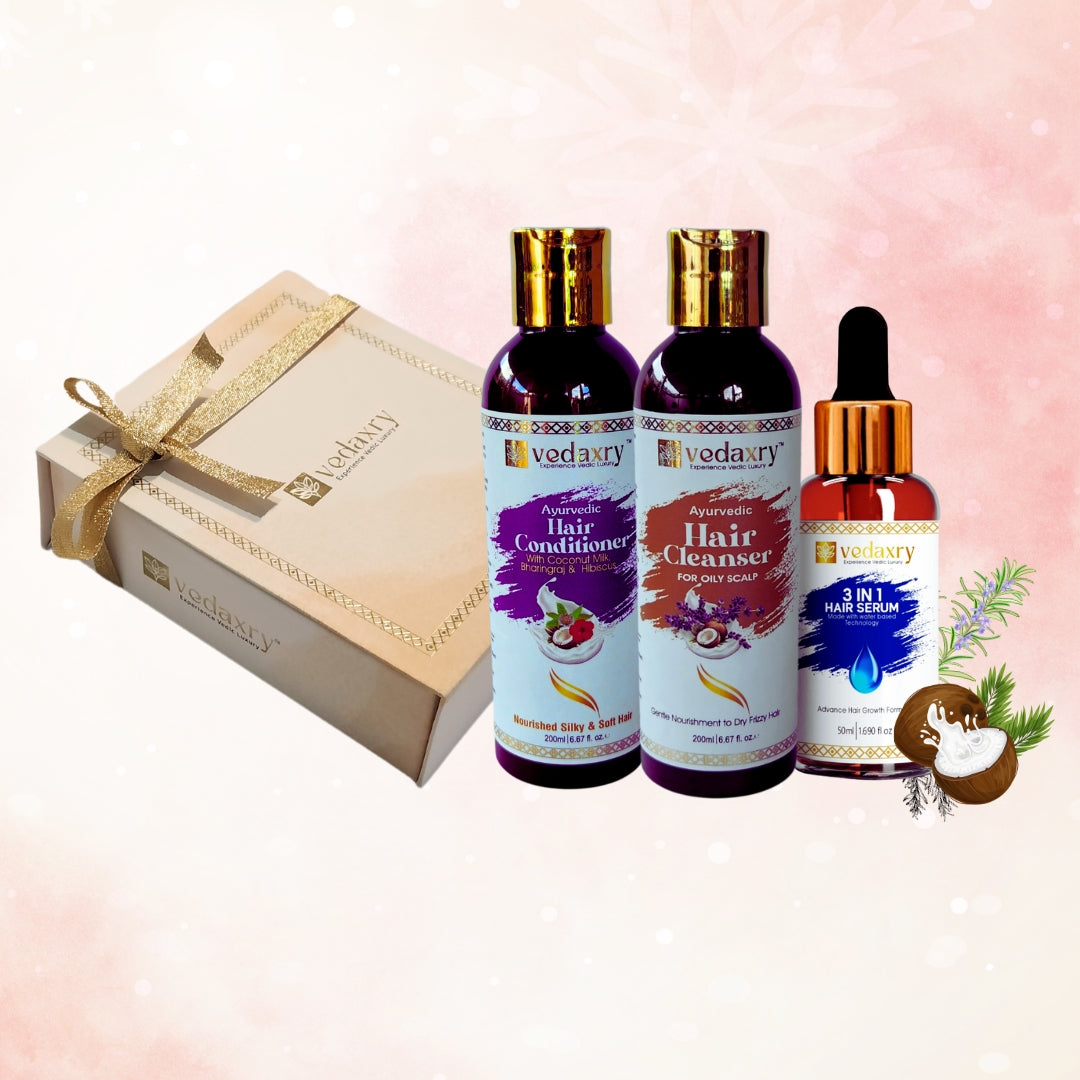 Vedaxry Ayurvedic Hair Care Combo Pack for Oily Scalp (Cleanser 300ml + Conditioner 300ml + Serum 50ml) - Balances Oil & Strengthens Hair - Deep Ayurveda India