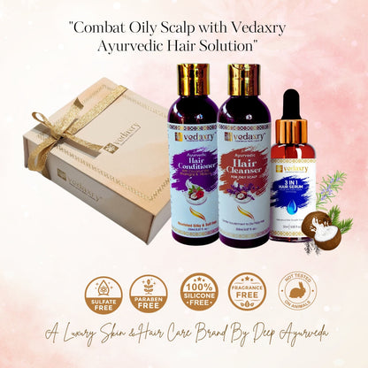 Vedaxry Ayurvedic Hair Care Combo Pack for Oily Scalp (Cleanser 300ml + Conditioner 300ml + Serum 50ml) - Balances Oil & Strengthens Hair - Deep Ayurveda India