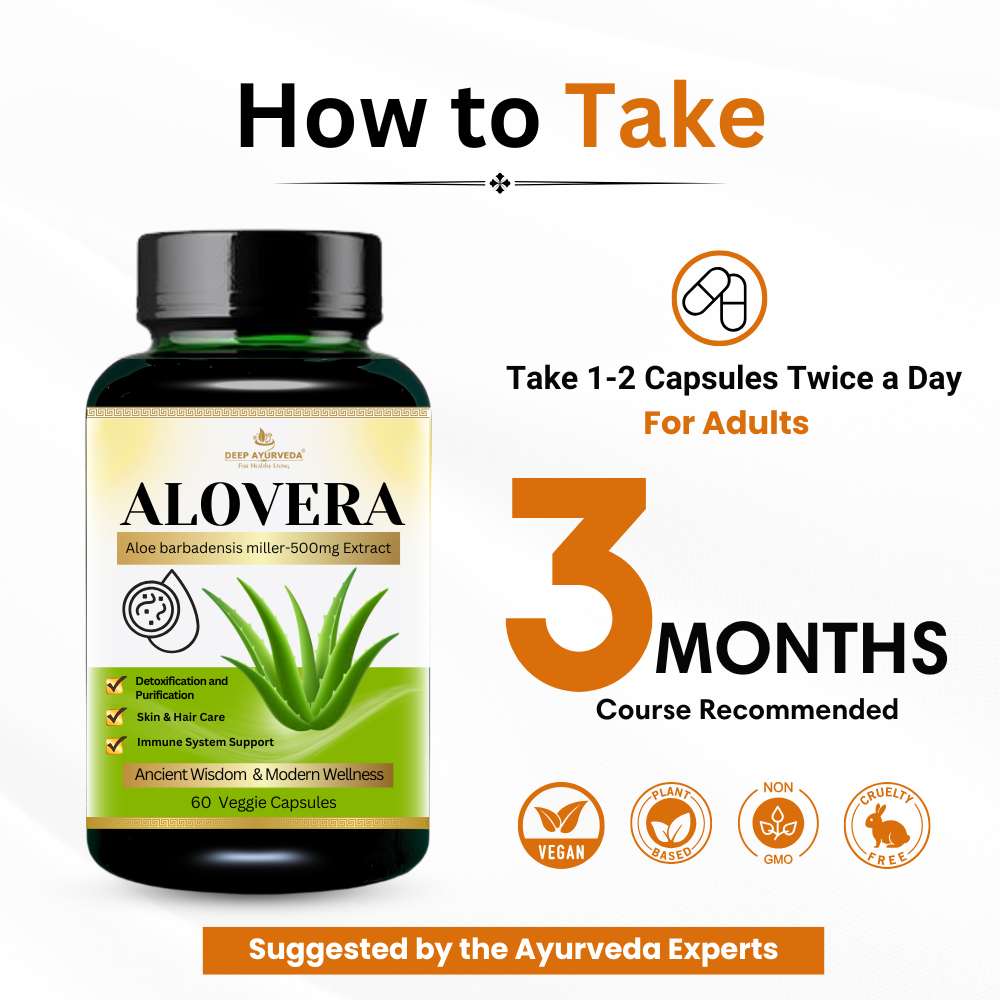 Aloe vera vegan capsules by Deep Ayurveda supports skin health, digestion and detoxification 3 months course recommended by doctors 