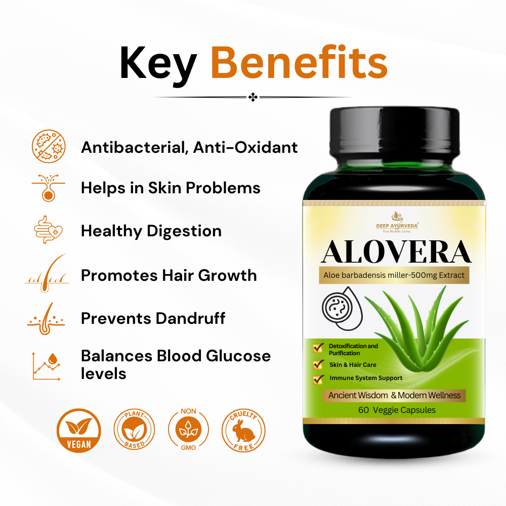 Aloe vera vegan extract capsules by Deep Ayurveda supports skin health, digestion and detoxification key benefits