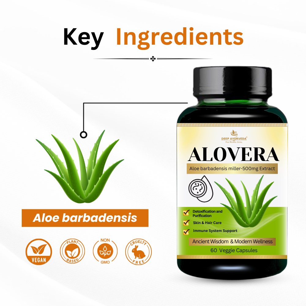 Aloe vera vegan extract capsules by Deep Ayurveda supports skin health, digestion and detoxification key ingredients