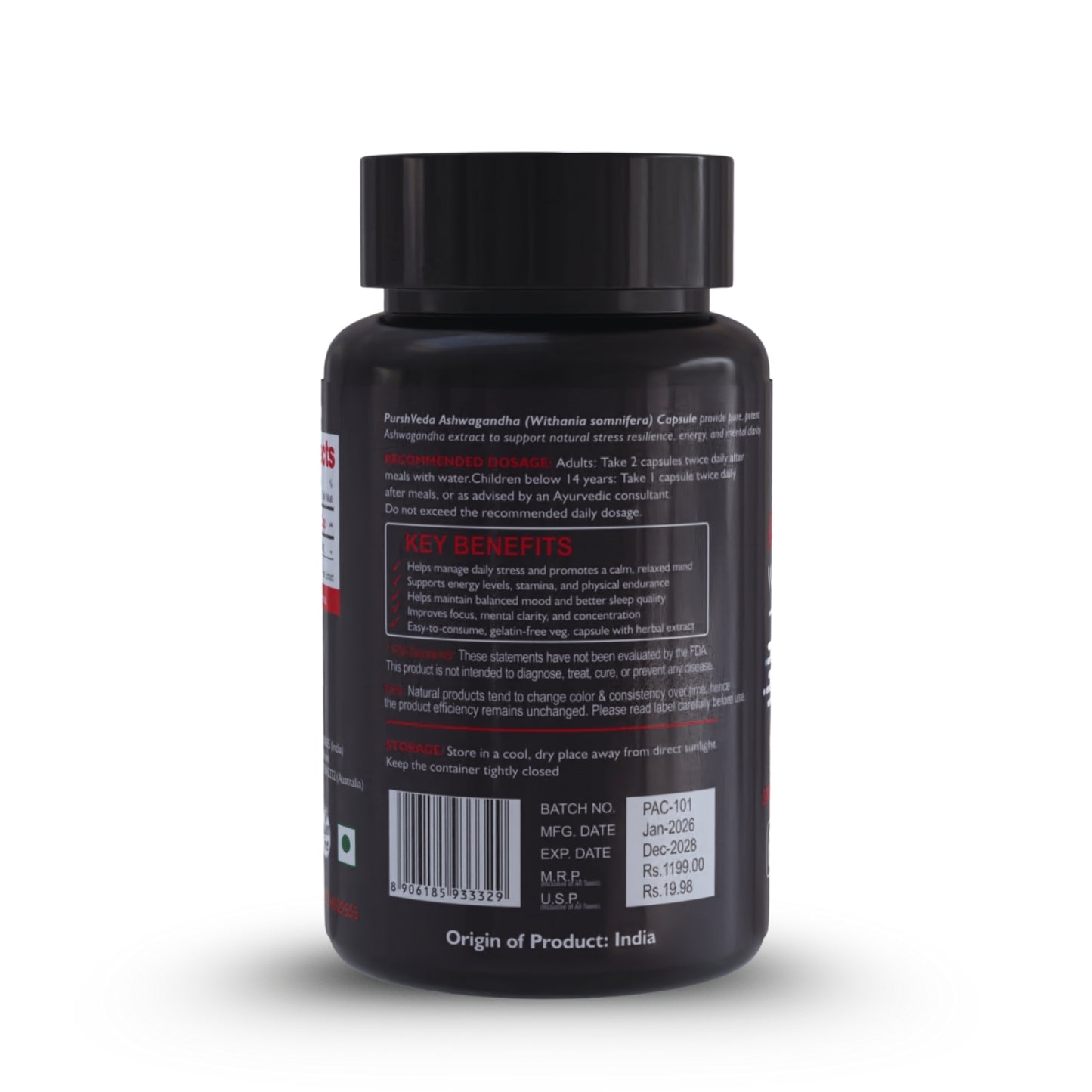 Black supplement bottle with label on a white background