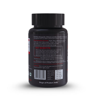 Black supplement bottle with label on a white background