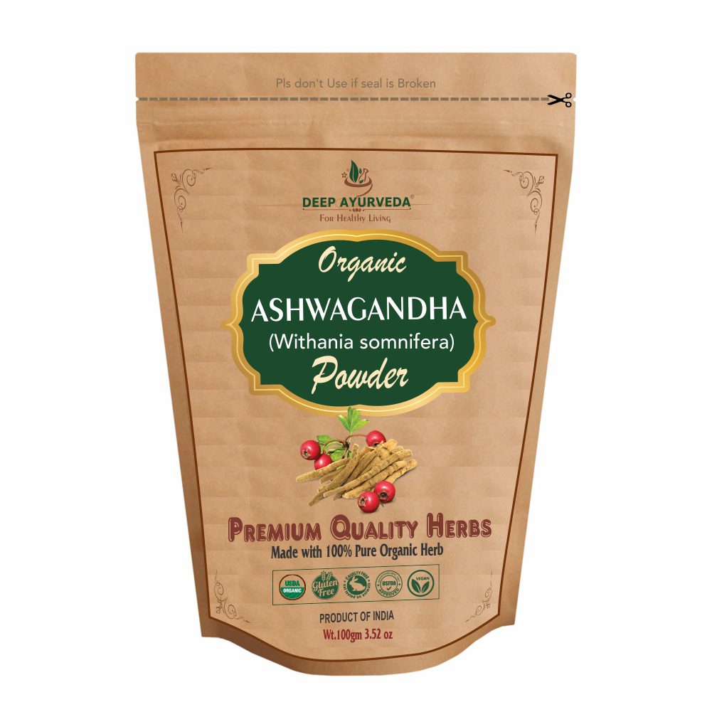 Organic Ashwagandha Powder (Withania somnifera) Helps in Stress Relief, Improves Strength and Stamina - Deep Ayurveda India
