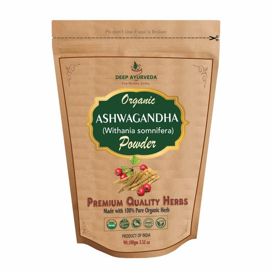 Organic Ashwagandha Powder (Withania somnifera) Helps in Stress Relief, Improves Strength and Stamina - Deep Ayurveda India