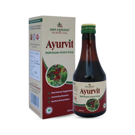 Ayurvit Multivitamin Herbal Syrup bottle and packaging on a white background