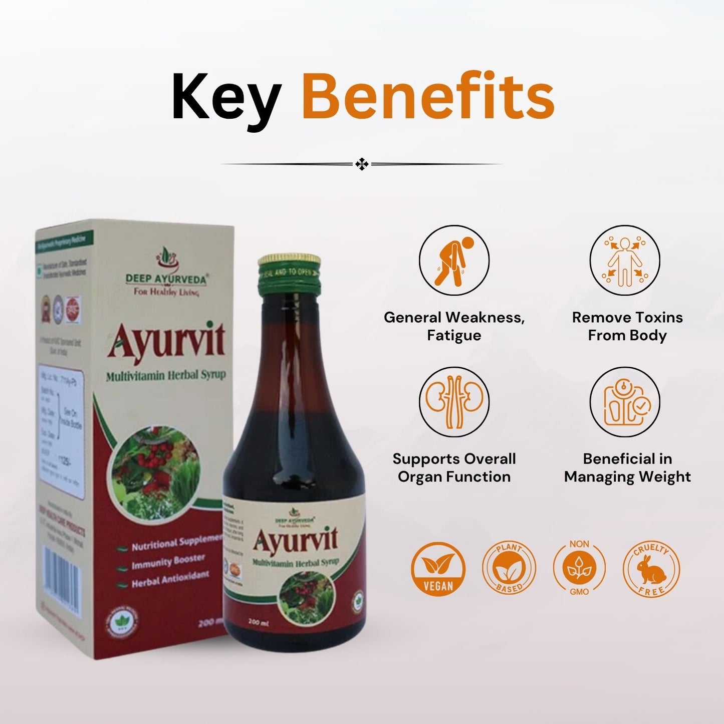 Ayurvedic product with packaging and key benefits listed on a white background