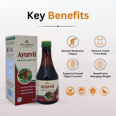 Ayurvedic product with packaging and key benefits listed on a white background