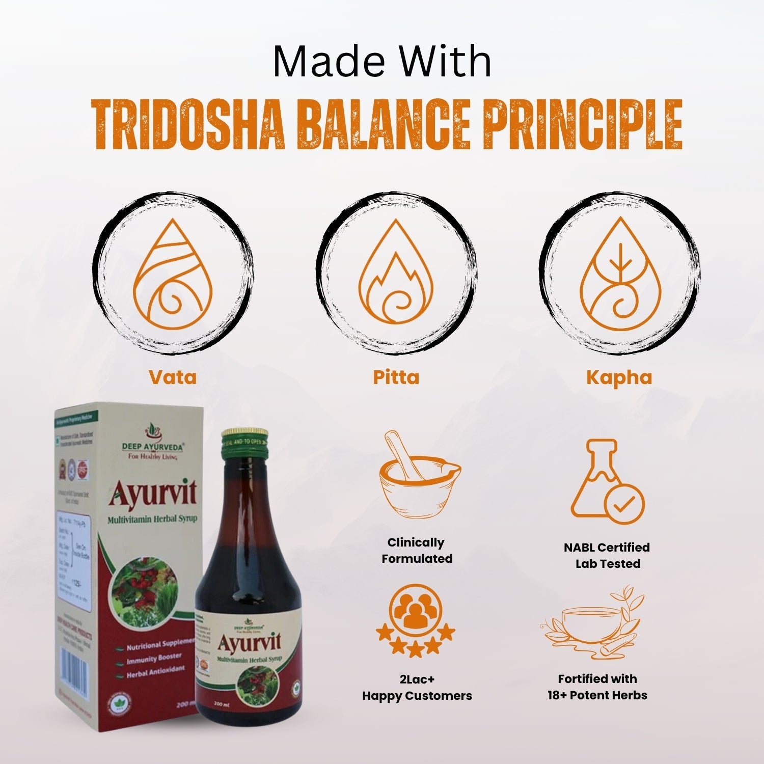 Ayurvedic product with 'Tridosha Balance Principle' icons and text on a white background