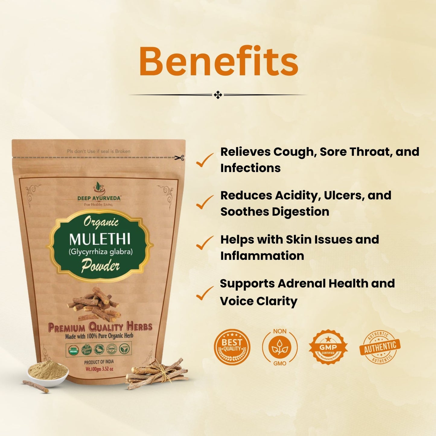 Mulethi powder packaging with benefits listed on a beige background