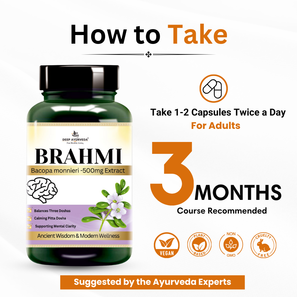 Brahmi vegan capsules by Deep Ayurveda enhances memory, reduces stress and supports brain health 3 months course recommended by doctors
