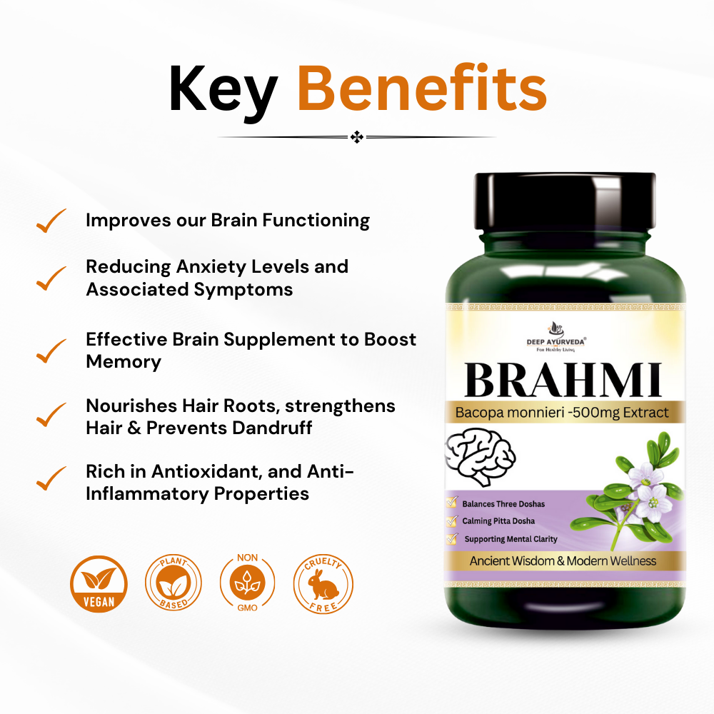 Brahmi vegan capsules by Deep Ayurveda enhances memory, reduces stress and supports brain health key benefits