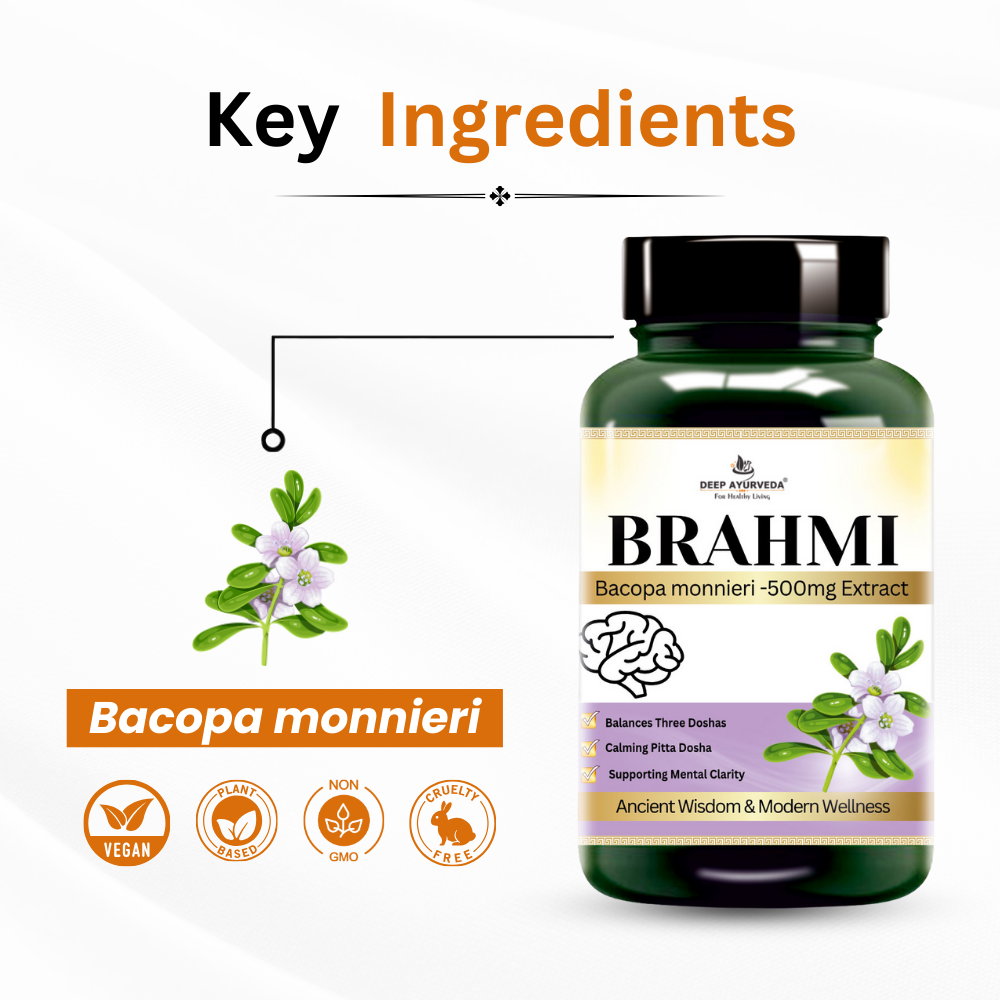 Brahmi vegan capsules by Deep Ayurveda enhances memory, reduces stress and supports brain health key ingredients