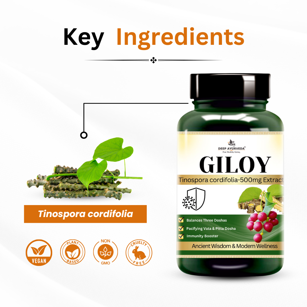 Giloy vegan capsules by Deep Ayurveda boosts immunity, reduces inflammation and promotes wellness key ingredients