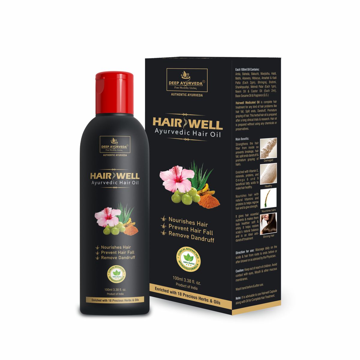 HairWell Ayurvedic Hair Oil - Strengthens Hair, Reduces Hair Fall & Promotes Scalp Health - Deep Ayurveda India