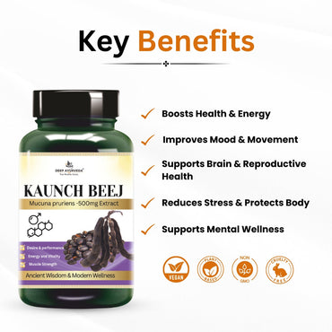 Kaunch beej capsules enhances stamina, strength and reproductive health key benefits by Deep Ayurveda