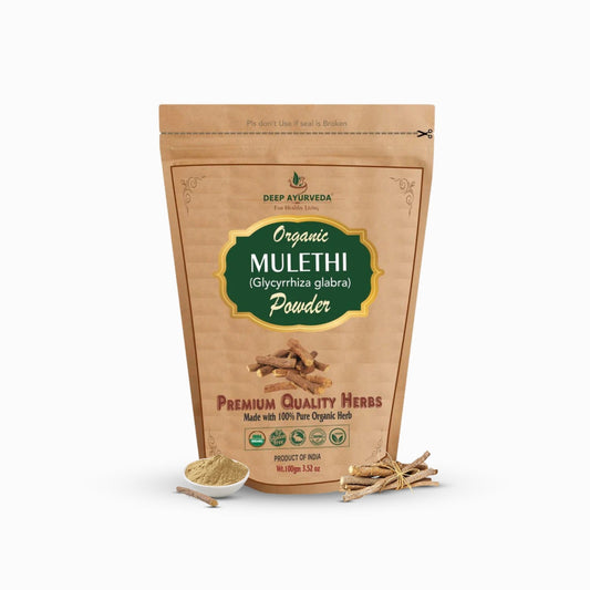 Bag of Deep Ayurveda Organic Mulethi Powder with ingredients on a white background