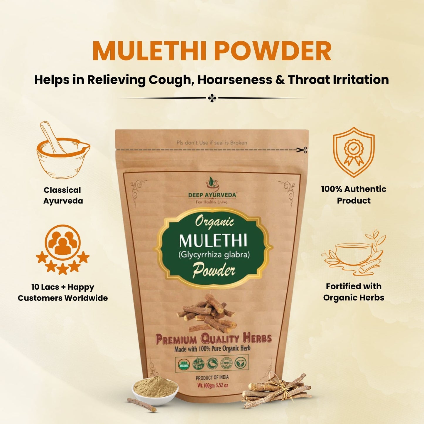 Mulethi powder packaging with product details on a beige background
