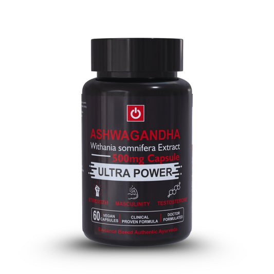 Black bottle of Ultra Power Ashwagandha supplement on a white background