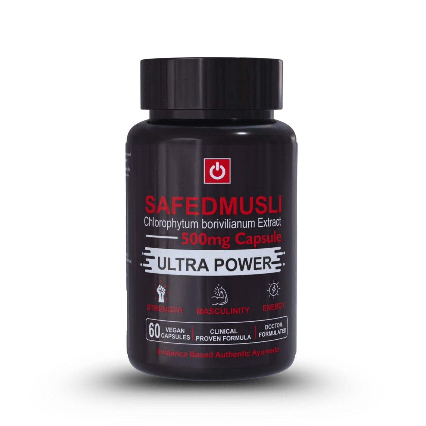 Black supplement bottle labeled ' Safed Musli' on a white background