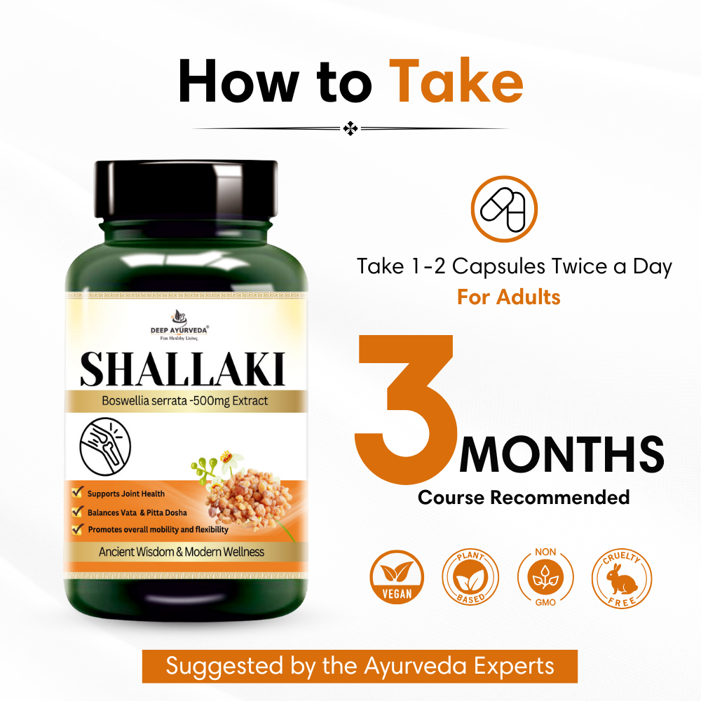 Shallaki vegan capsules by Deep Ayurveda reduces joint pain, supports mobility and bone health 3 months course recommended by doctors 
