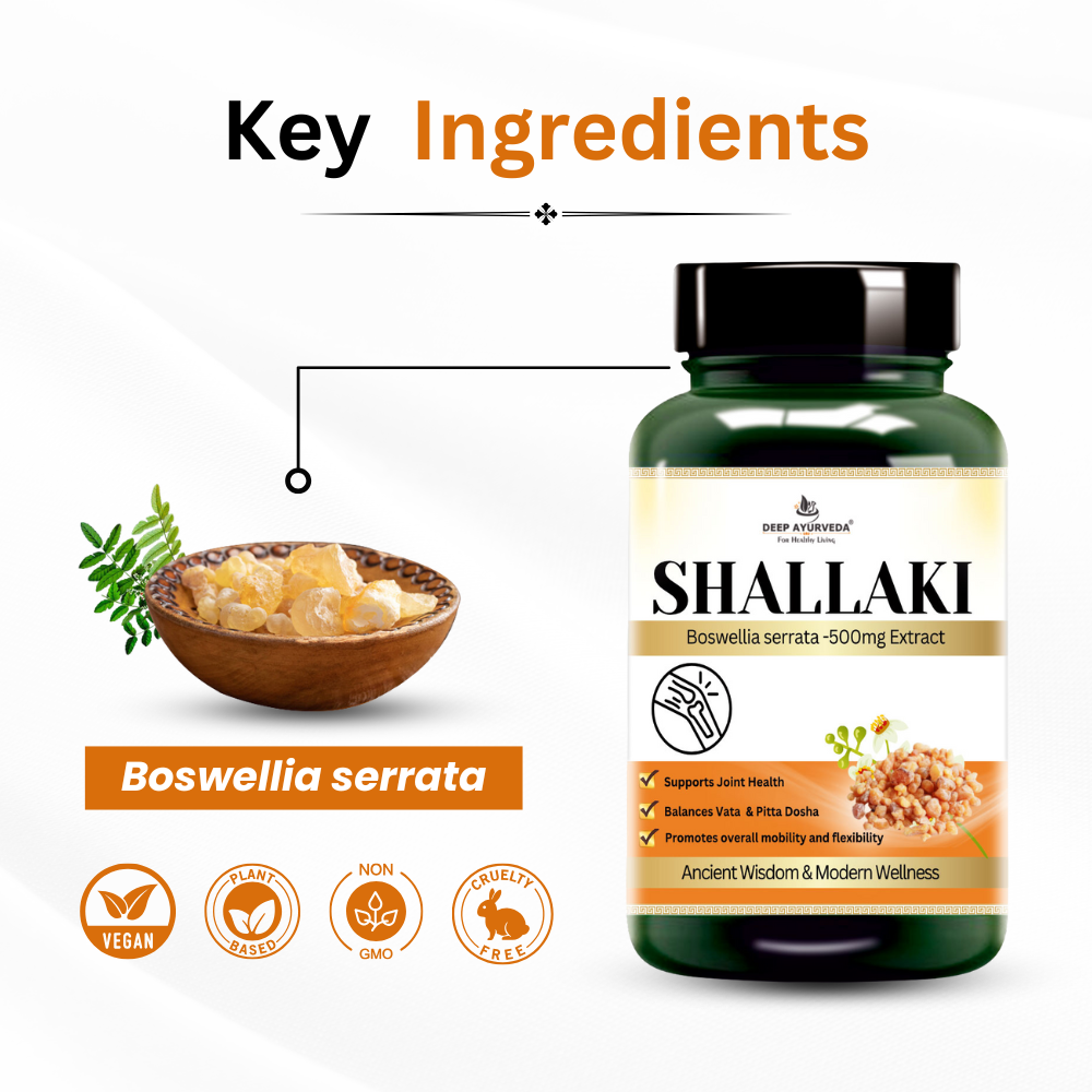Shallaki vegan capsules by Deep Ayurveda reduces joint pain, supports mobility and bone health key ingredients