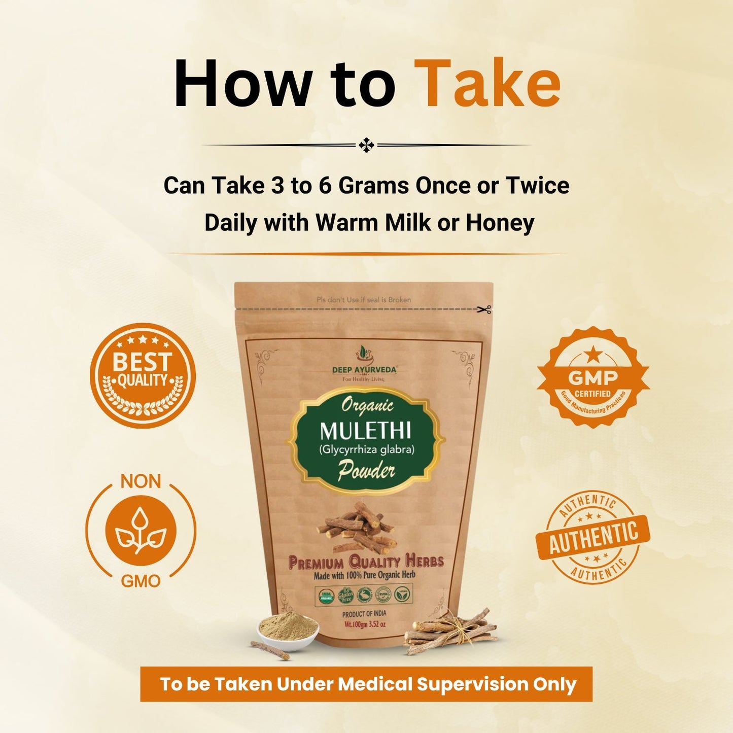 Bag of Organic Mulethi powder with usage instructions and certification logos on a beige background