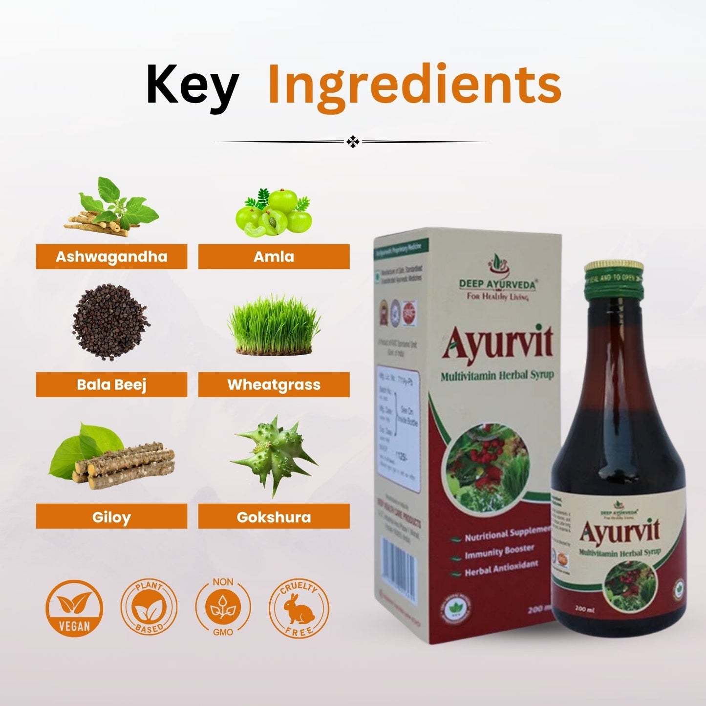 Ayurvedic product with key ingredients displayed on a white background